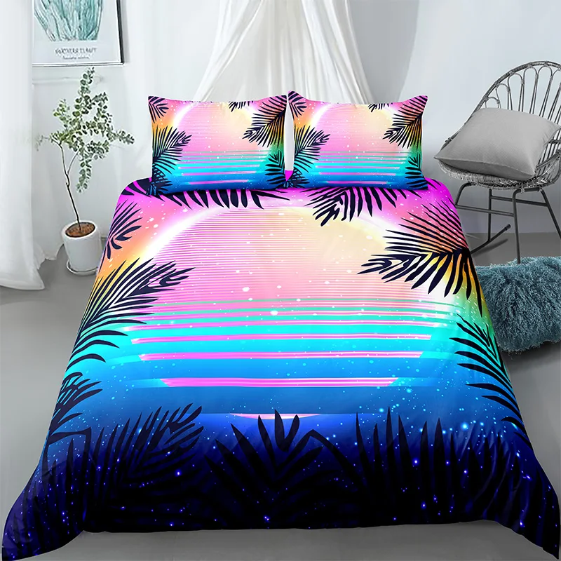 

Bedding Set Sunrise Plant 2/3pcs Polyester Quilt Cover Tropical Coconut Palm Tree King Queen Duvet Cover Hawaii Seaside Sunset