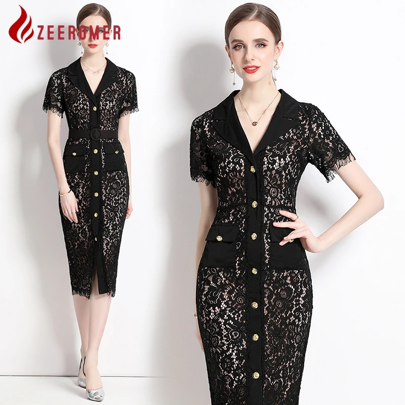 Summer Designer Runway High Quality Lace Party Dinner Dress Women Lapel Single-Breasted Hollow Out Vintage Party Pencil Dress
Summer Designer Runway High Quality Lace Party Dinner Dress Women Lapel Single-Breasted Hollow Out Vintage Party Pencil Dress