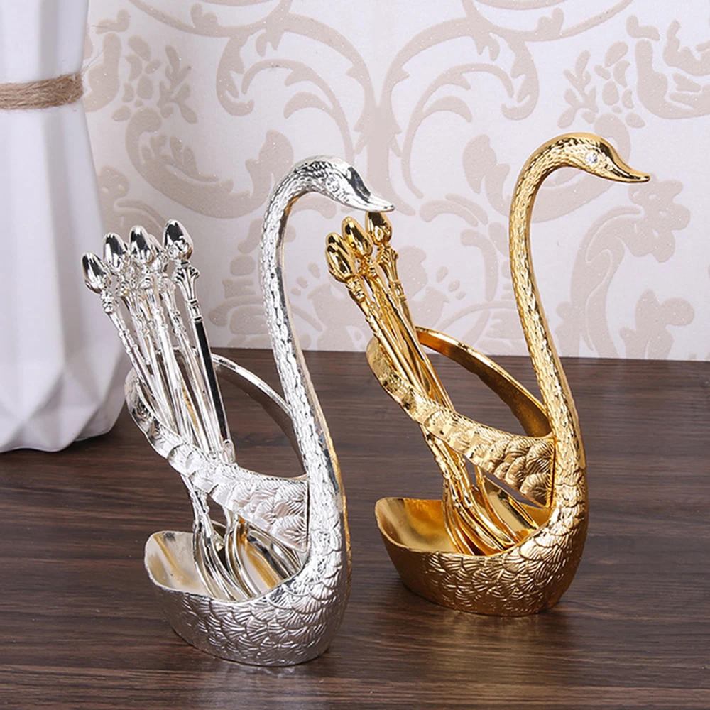 

Metal Fruit Forks Spoons Set with Swan Stand Holder Zinc Alloy Dinnerware Sets Wedding Party kitchen Fruit Fork Spoon Tableware