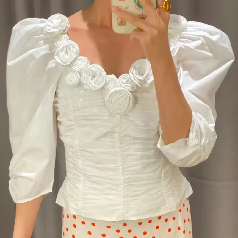 2023 Spring and Summer New Three-dimensional Floral Puff Sleeve Waist Pleated Blouse Women Elegant Shirt Casual Tops 
2023 Spring and Summer New Three-dimensional Floral Puff Sleeve Waist Pleated Blouse Women Elegant Shirt Casual Tops