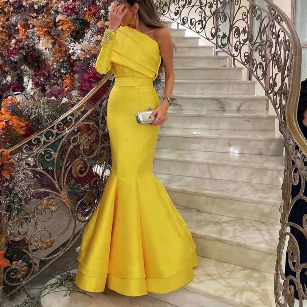2022 Yellow Satin Mermaid Dress One Sleeve Beading Prom Dresses Pleats Floor Length Elegant Dubai Prom Gowns Back Lace Up
2022 Yellow Satin Mermaid Dress One Sleeve Beading Prom Dresses Pleats Floor Length Elegant Dubai Prom Gowns Back Lace Up