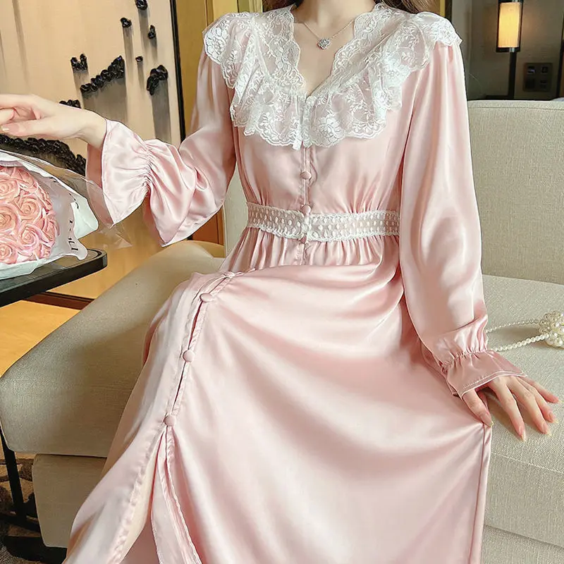 Women Silk Stain V-neck Nightdress Female Sexy Elegant Spring Autumn Nightgowns Girls Lovely Lace Vintage French Home Clothing
Women Silk Stain V-neck Nightdress Female Sexy Elegant Spring Autumn Nightgowns Girls Lovely Lace Vintage French Home Clothing
