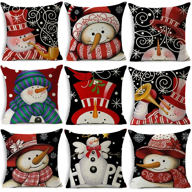 

Winter Holiday Home Decor Throw Pillow Covers Christmas Decorative Snowman Printed Cushion Cover 18x18 Inches Linen Pillowcase