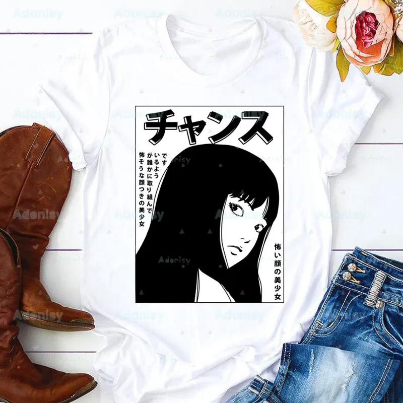 

Junji Ito Tomie Woman Print Harajuku Summer Tshirts Casual Round Neck Shintaro Kago Horror Japan Manga Top Tee Shirt,Drop Ship