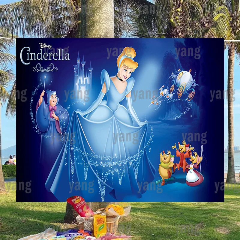 

Фон для фотосъемки с изображением Принцессы Диснея Золушки замка голубого платья на заказ тыквы вечеринки дня рождения девочки баннер для вечеринки в честь будущей мамы
