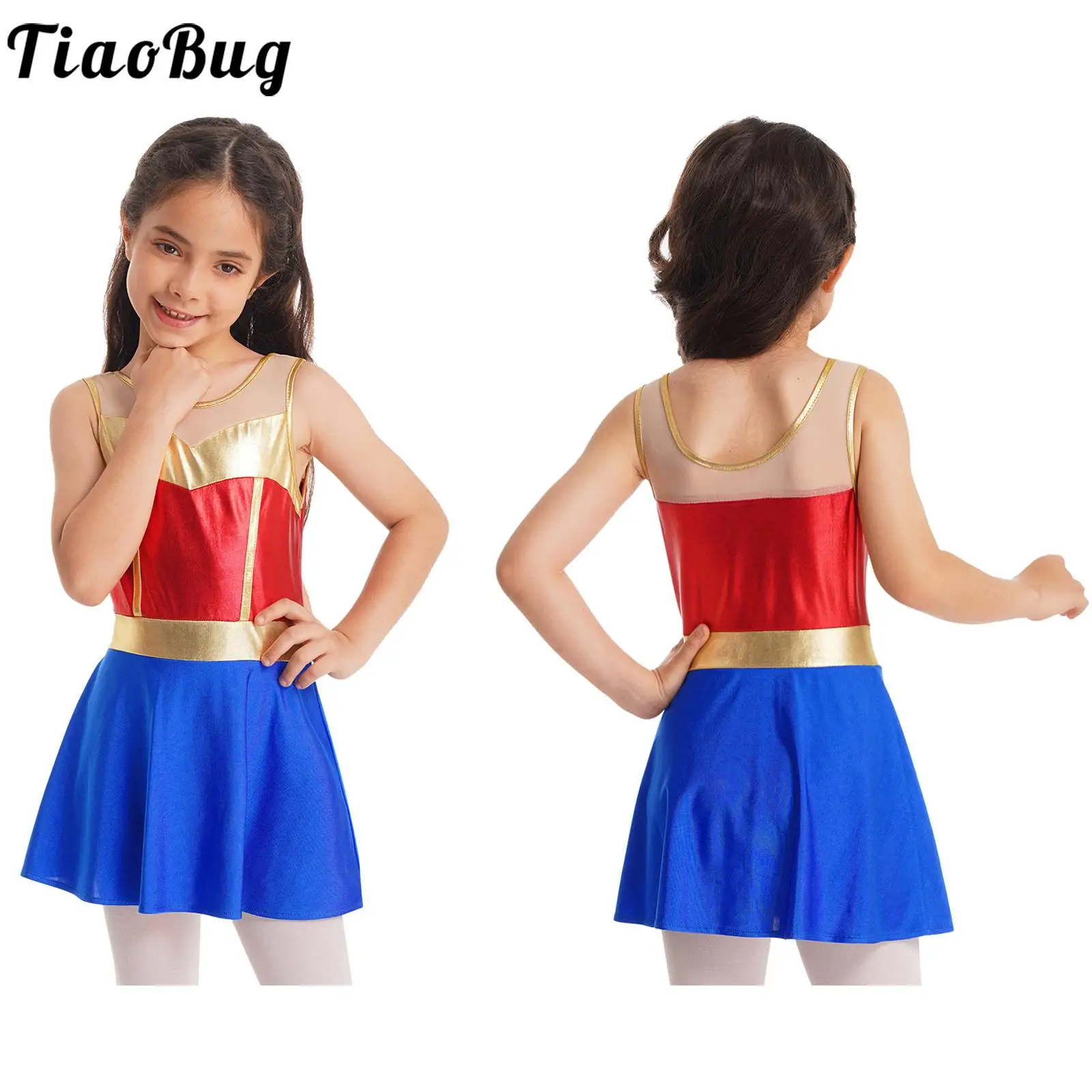 

Tiaobug Kids Girls 4-14 Hero Magic Dress Up Sleeveless Red Blue Metallic Mesh Spliced Dresses for Halloween Cosplay Costumes