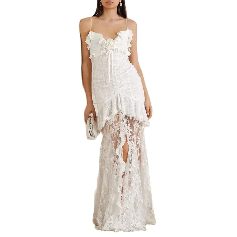 

Handmade floral lace stitching dress 2023 summer new y2k bustier halter opening sexy dress Slim elegant fashion ladies dresses