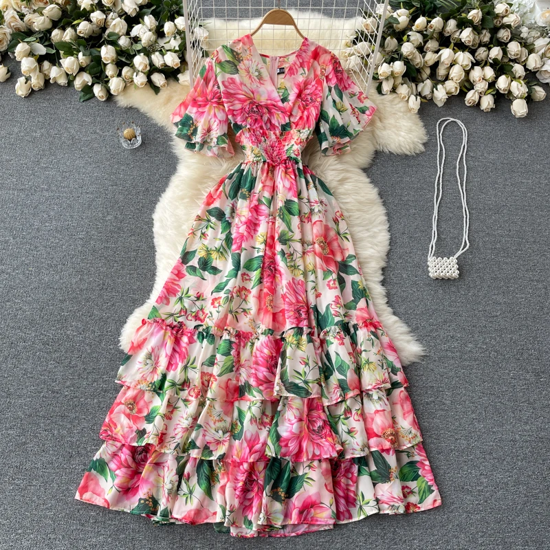 Women's Spring Summer Short Sleeve V Neck Print Dress Female High Waist Chic Party Long A-line Dress TB277
Women's Spring Summer Short Sleeve V Neck Print Dress Female High Waist Chic Party Long A-line Dress TB277