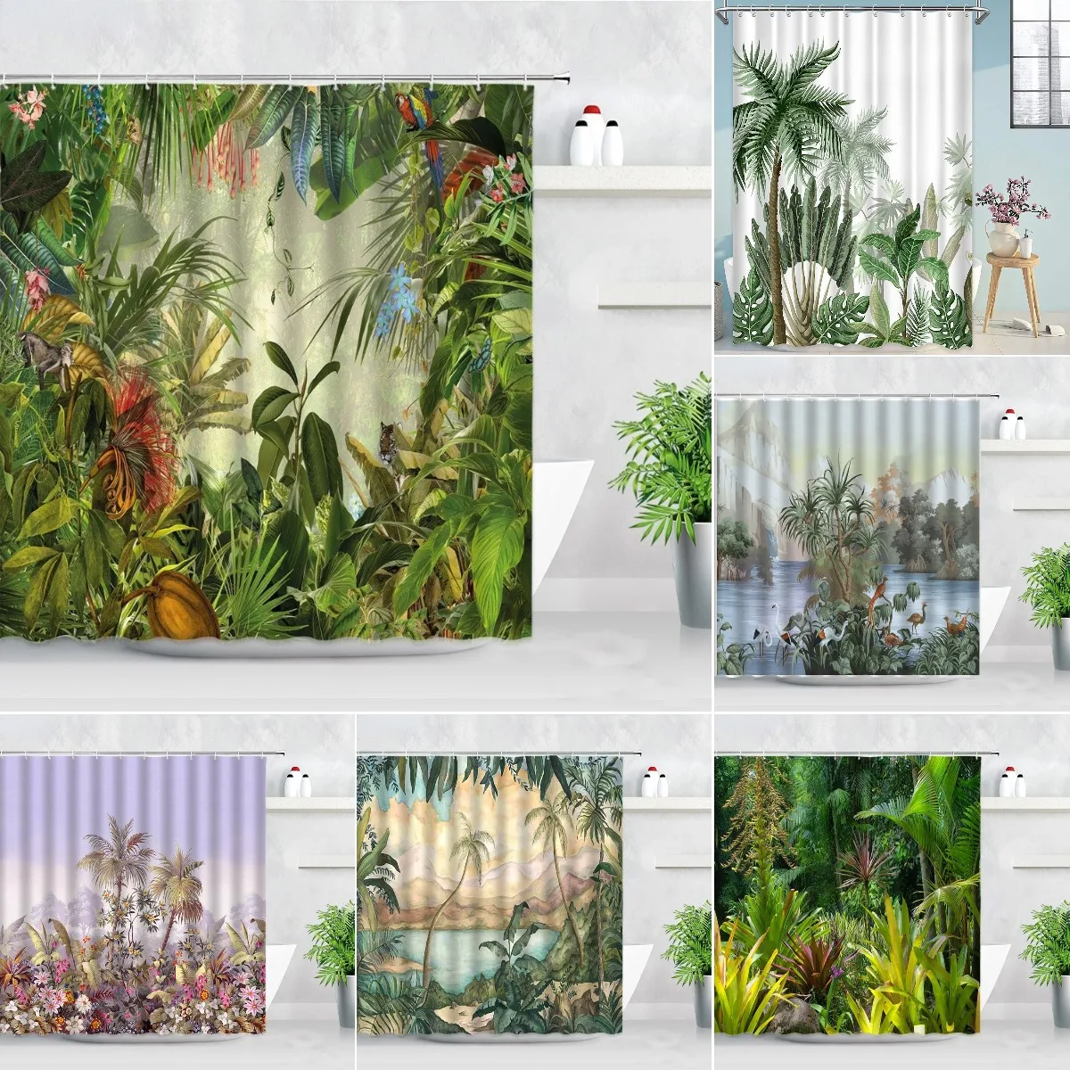 

Jungle Plants Shower Curtain Monkey Coconut Tree Palm Trees Leopard Parrot Green Leaves Scenery Bathroom Home Decor Curtains