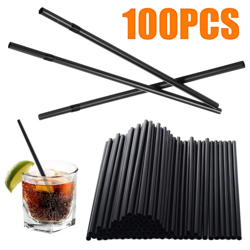 

100 Pcs Black Plastic Straw Wedding Party Cocktail Supplies Kitchen Accessories Disposable Straws For Drinking