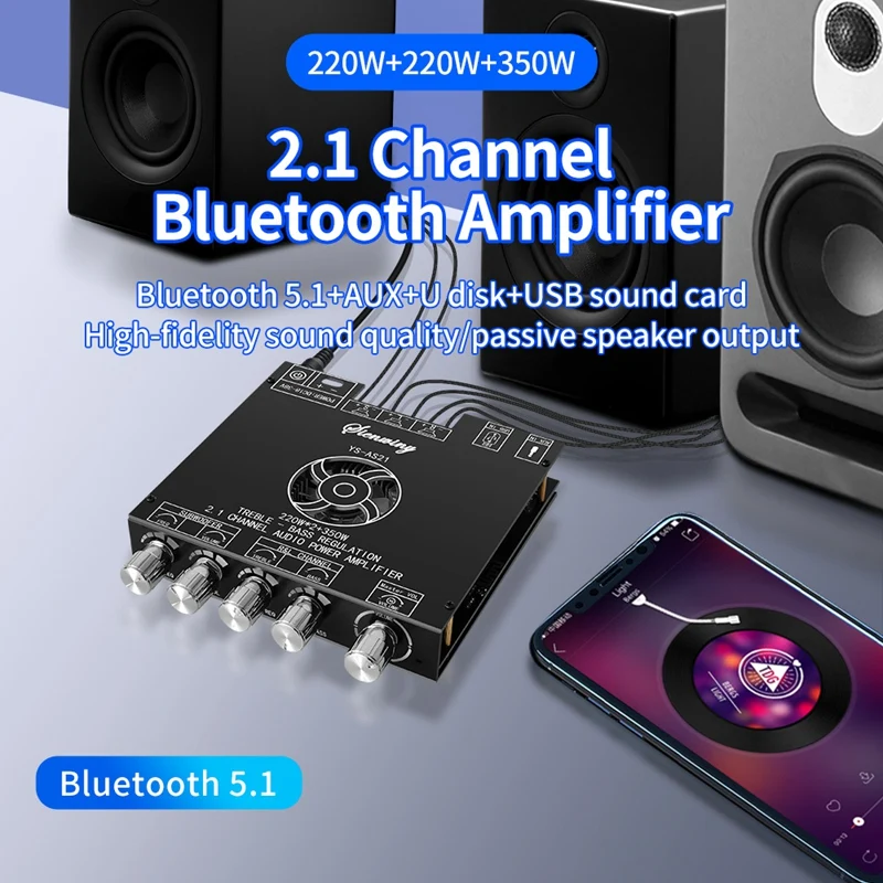 YS-AS21 2.1-Channel Bluetooth Digital Amplifier Board 220Wx2+350W High-Bass Adjustment Subwoofer Audio Module
YS-AS21 2.1-Channel Bluetooth Digital Amplifier Board 220Wx2+350W High-Bass Adjustment Subwoofer Audio Module
