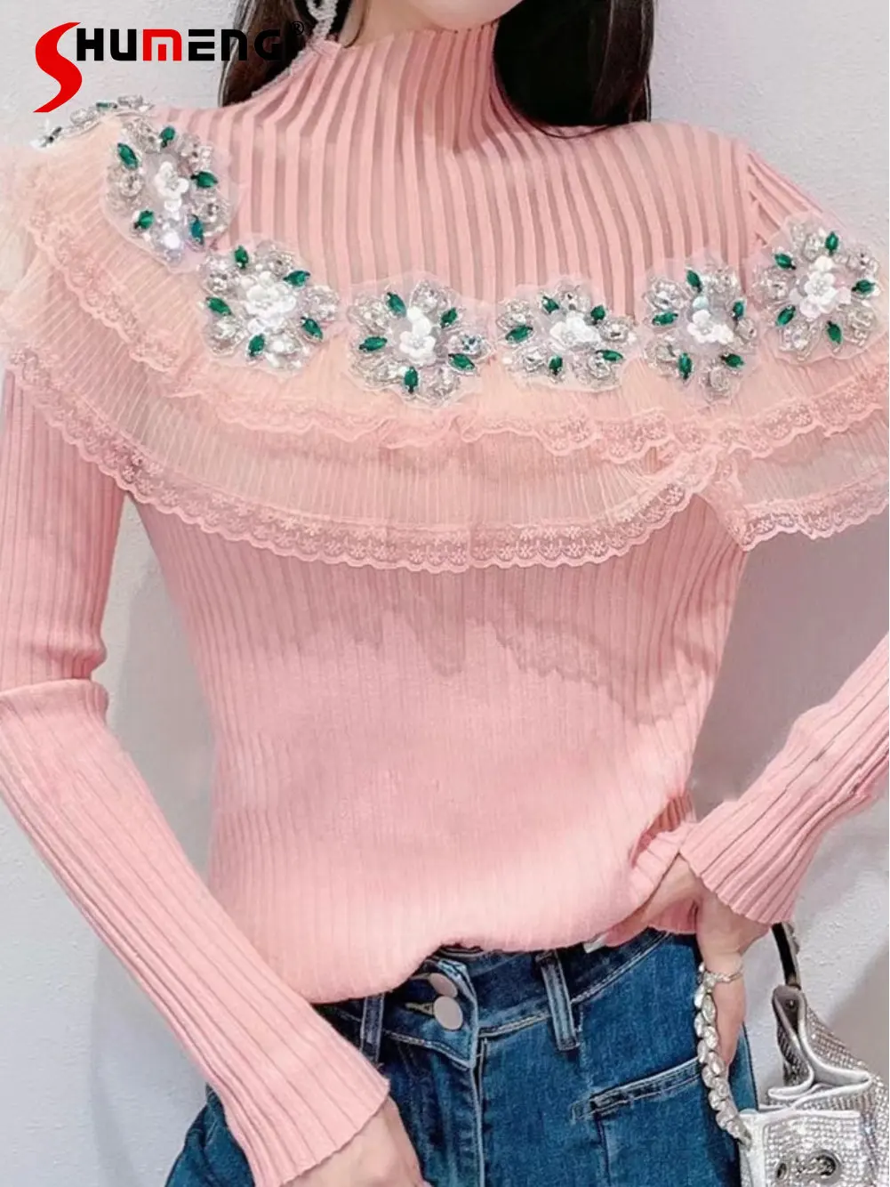 Women Autumn New Korean Sweet Rhinestone Knitted T-shirt Ladies Fashion Fairy Irregular Ruffled Stitching Slim Fit Pullover Top
Women Autumn New Korean Sweet Rhinestone Knitted T-shirt Ladies Fashion Fairy Irregular Ruffled Stitching Slim Fit Pullover Top