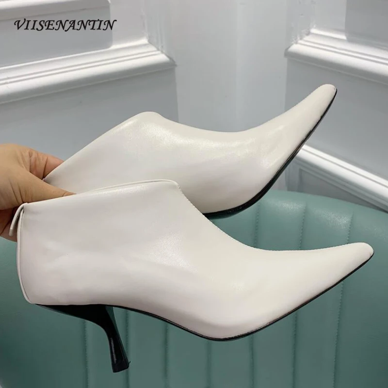 Ботильоны женские с острым носком, элегантная повседневная обувь на тонком высоком каблуке, однотонные простые ботинки челси из натуральной кожи, Осень-зима 
Ботильоны женские с острым носком, элегантная повседневная обувь на тонком высоком каблуке, однотонные простые ботинки челси из натуральной кожи, Осень-зима