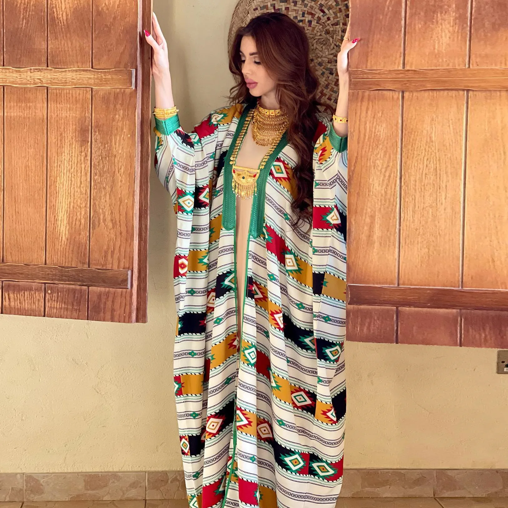

Two Pieces Muslim Abaya Dress Set Colorful Geometric Stripes Print Moroccan Kaftan Dubai Turkey abaya femme musulman