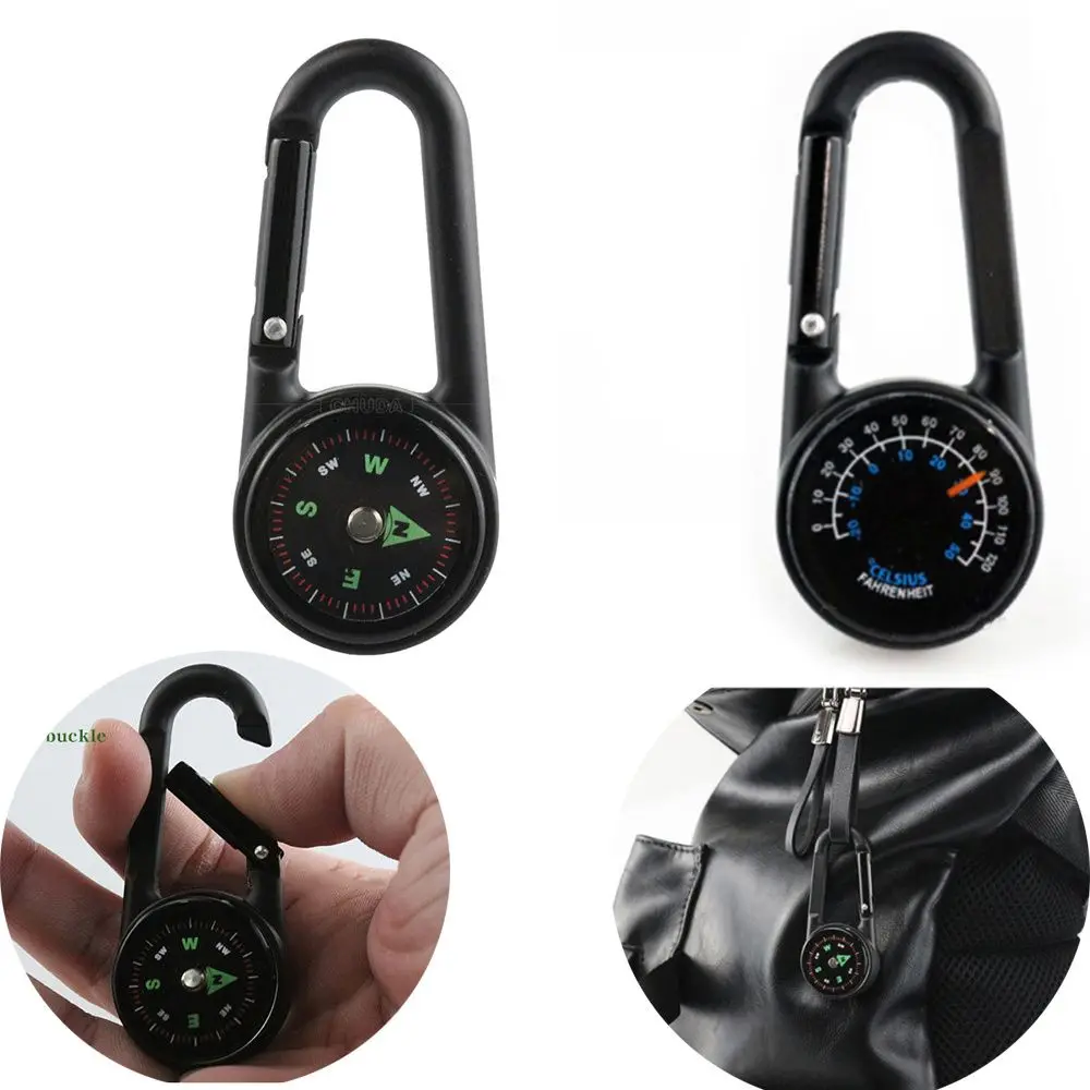 

Key Buckle Snap Hook Mini Tactical Survival Compass Thermometer Carabiner Double Sided 3 in 1 Metal Compasses