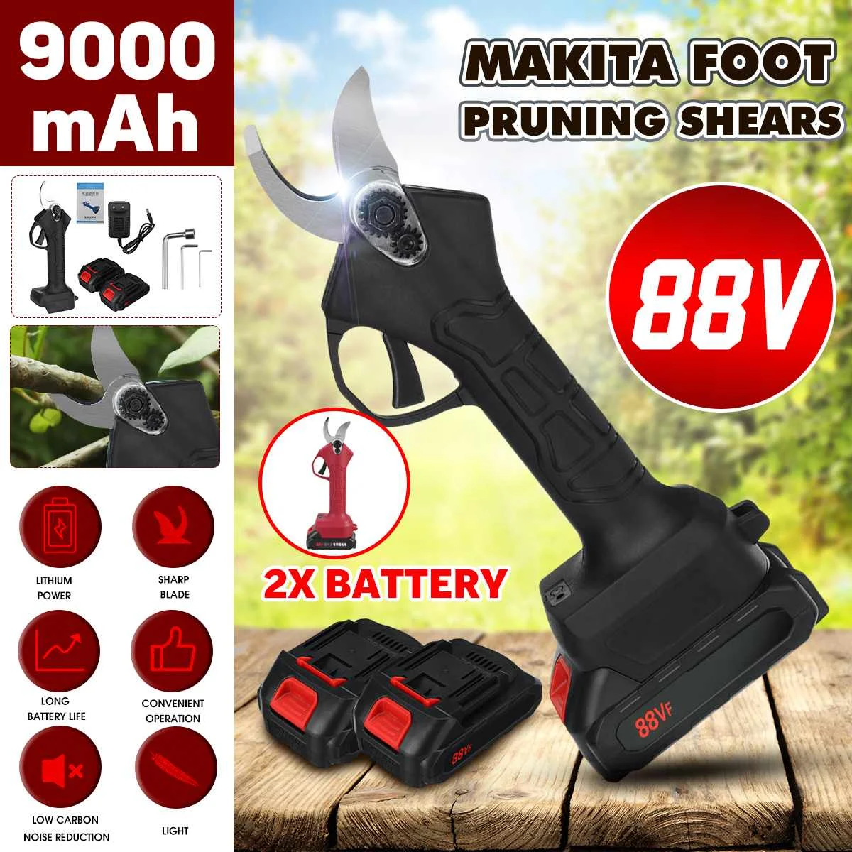 88Vf Cordless Pruner Electric Pruning Shear Fruit Tree Bonsai Pruning Electric Tree Branches Cutter for Makita 18V Battery
88Vf Cordless Pruner Electric Pruning Shear Fruit Tree Bonsai Pruning Electric Tree Branches Cutter for Makita 18V Battery