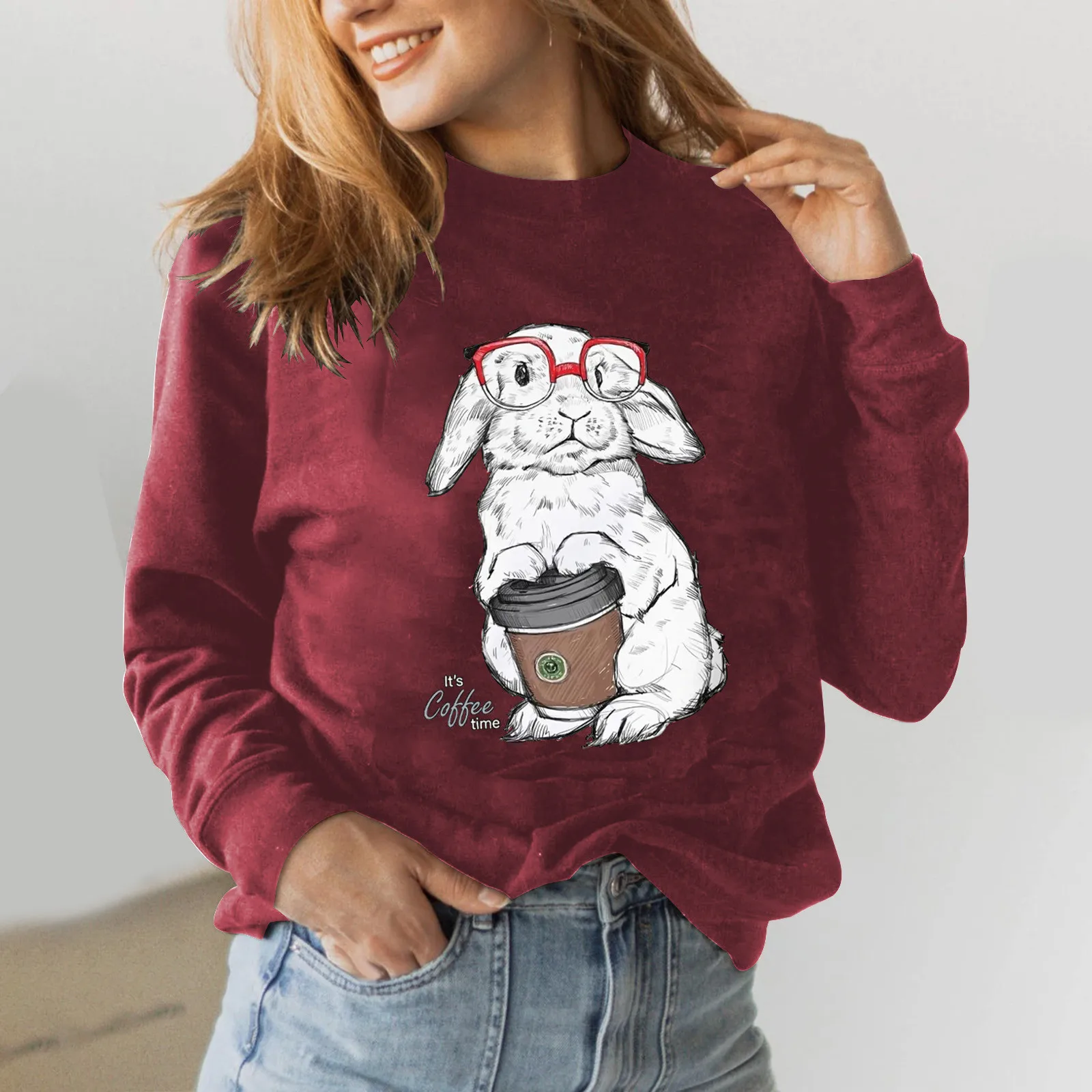 Women Cute Coffee Rabbit Printed Sweatshirt Casual Round Neck Long-Sleeve Top Comfortable Loose Pullover For Ladies Autumn
Women Cute Coffee Rabbit Printed Sweatshirt Casual Round Neck Long-Sleeve Top Comfortable Loose Pullover For Ladies Autumn