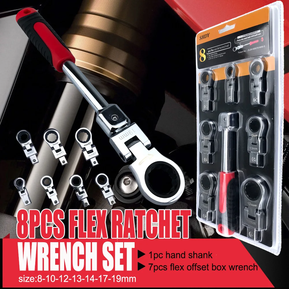 

Flex Head Ratcheting Wrench Set- Metric Ratchet Combination Wrenches CrV Gear Spanner Set Car Key Wrench Repair Tool Set
