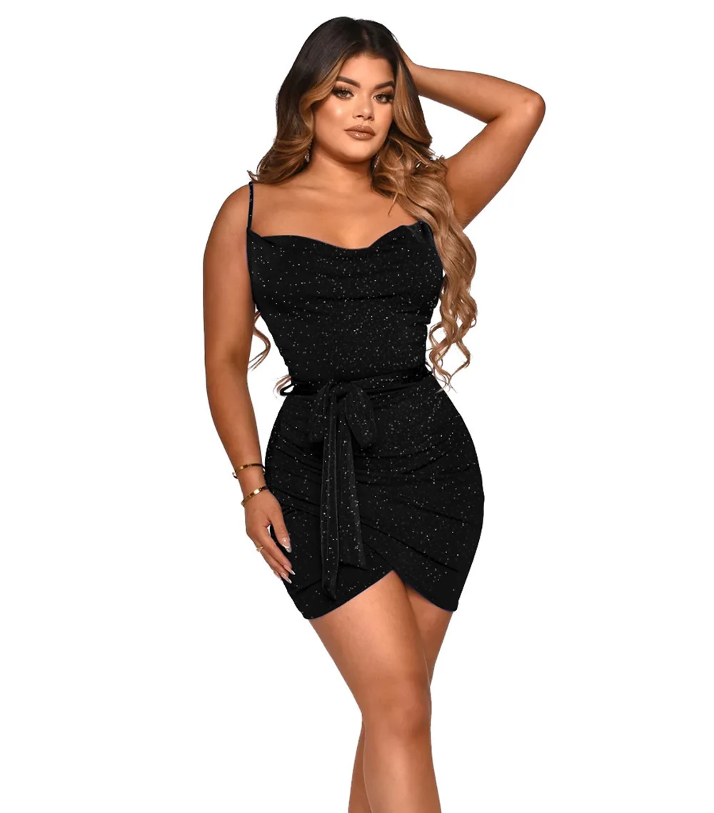 

Women's Sexy Spaghetti Strap Ruch Bandage Bodycon Dress Shinny Cami Dress For Evening Party Sequin Clubwear Glitter Mini Dress