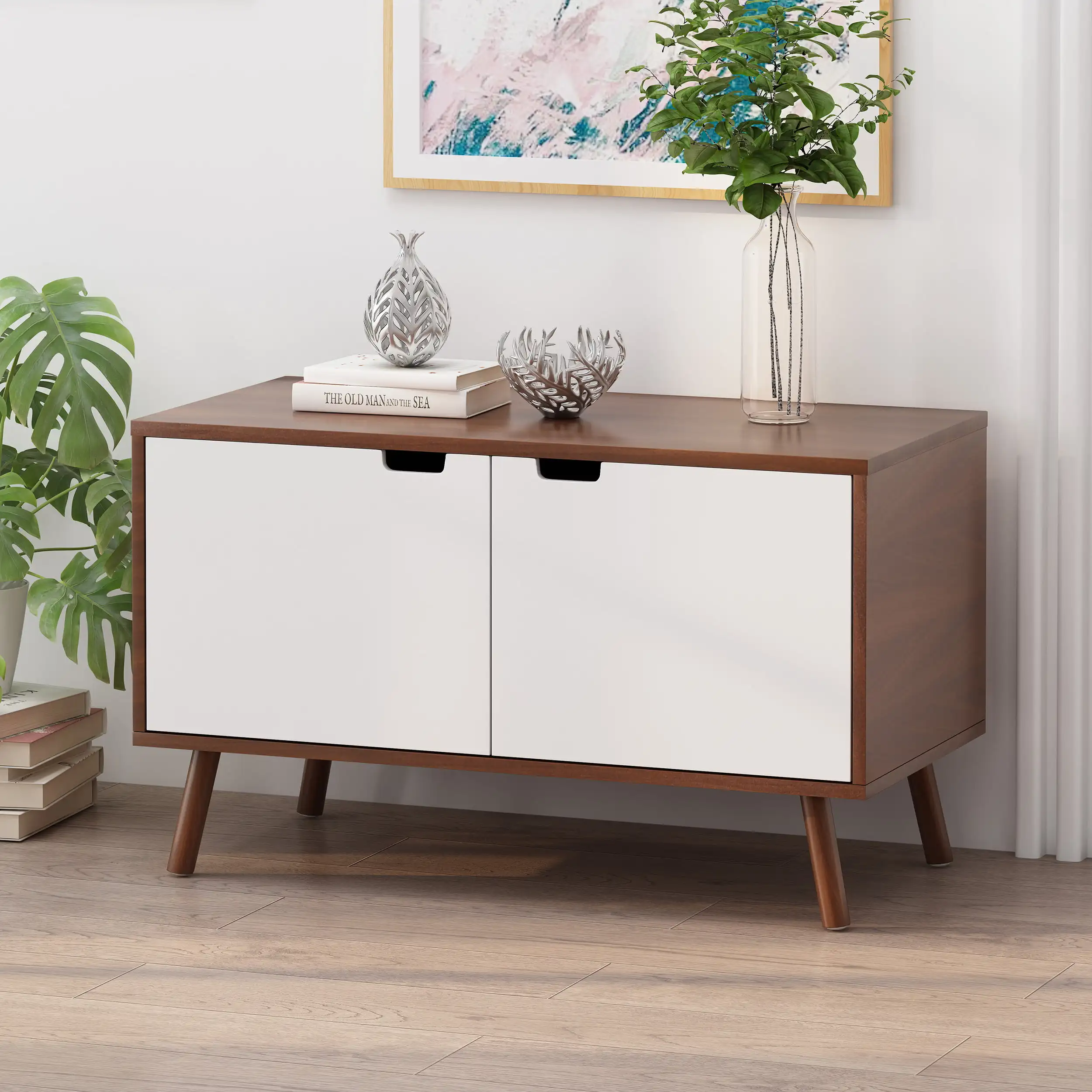 House Sindy Mid-Century Modern Faux Wood Overlay 2 Door Cabinet, Walnut and White
House Sindy Mid-Century Modern Faux Wood Overlay 2 Door Cabinet, Walnut and White