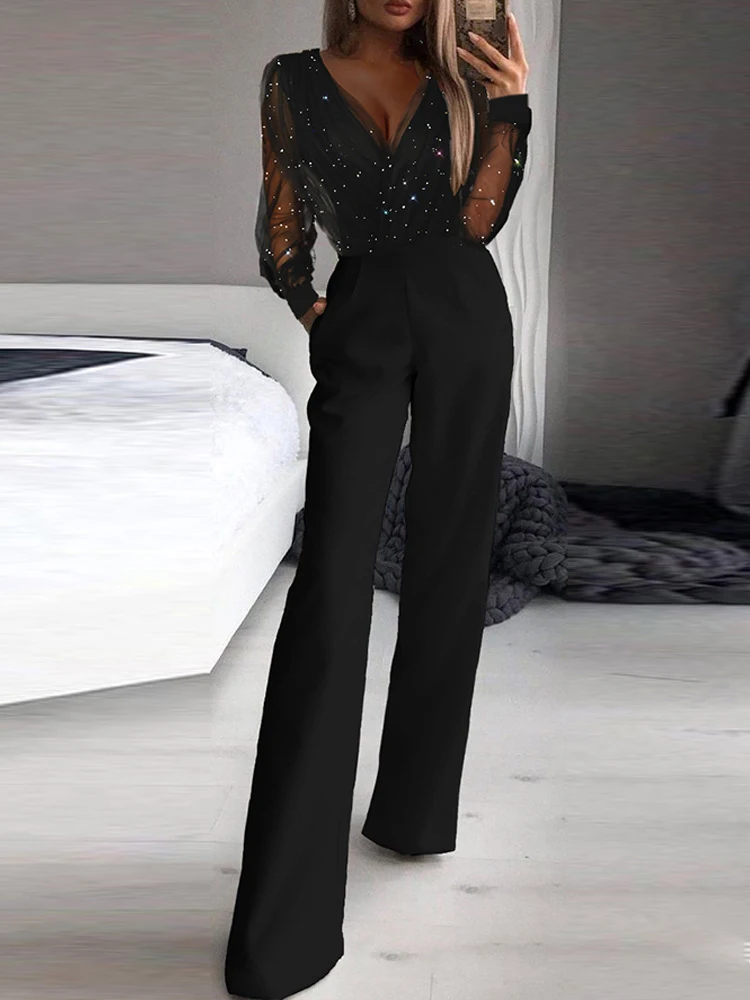 Fashion High Waist Slim Romper Sexy V Neck Office Ladies Commute Overalls Women Elegant Shiny Mesh Sleeve Stitching Jumpsuit New
Fashion High Waist Slim Romper Sexy V Neck Office Ladies Commute Overalls Women Elegant Shiny Mesh Sleeve Stitching Jumpsuit New