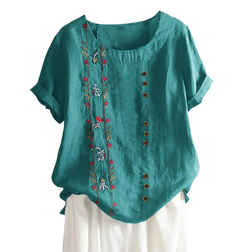 O-Neck Short Sleeve Loose Fit Women Shirt Embroidery Flower Print Buttons Decor Shirt Top Streetwear
O-Neck Short Sleeve Loose Fit Women Shirt Embroidery Flower Print Buttons Decor Shirt Top Streetwear