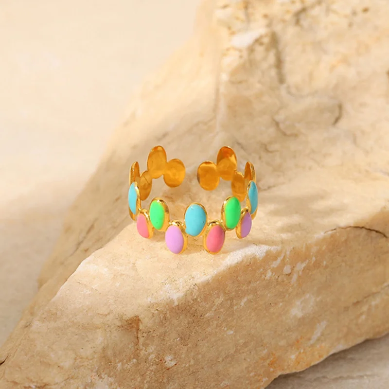INS Style 18K PVD Gold Plated 316L Stainless Steel Ring Colorful Dripping Oil Double Layer Oval Peas Open Ring Jewelry JDR201854
INS Style 18K PVD Gold Plated 316L Stainless Steel Ring Colorful Dripping Oil Double Layer Oval Peas Open Ring Jewelry JDR201854