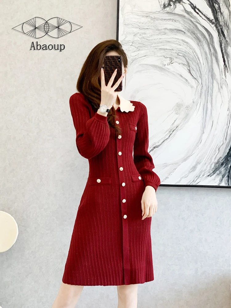 Women dress Lantern Long sleeve Turn-down collar A-line elegant Office Lady High waist Hollow out Soft knitting skirt wine red
Women dress Lantern Long sleeve Turn-down collar A-line elegant Office Lady High waist Hollow out Soft knitting skirt wine red