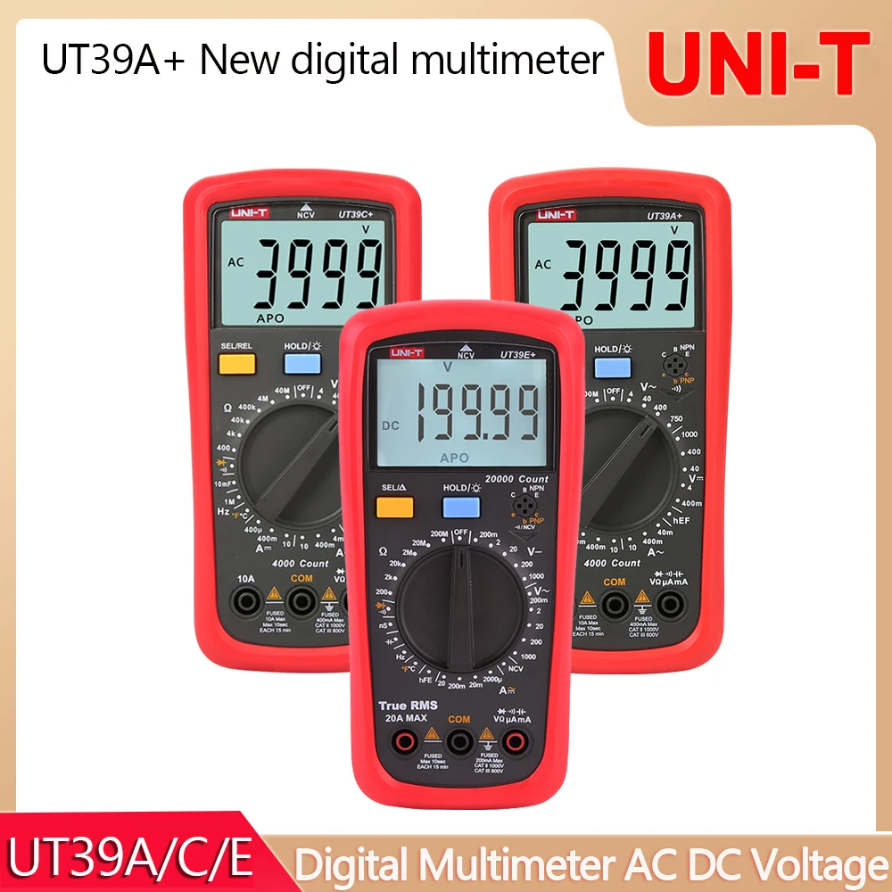 UNI-T UT39A+ UT39C+ UT39E+ Digital Multimeter AC DC 20A 1000V Handheld Auto Range With LCD Backlight Data Hold Multimetro tester
UNI-T UT39A+ UT39C+ UT39E+ Digital Multimeter AC DC 20A 1000V Handheld Auto Range With LCD Backlight Data Hold Multimetro tester