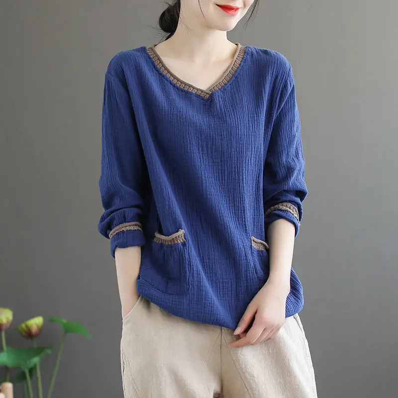 Woman Tshirts Women's Cotton Long-Sleeved Autumn Loose Artistic V-neck Top Tops Mujer Camisetas shirts for women
Woman Tshirts Women's Cotton Long-Sleeved Autumn Loose Artistic V-neck Top Tops Mujer Camisetas shirts for women