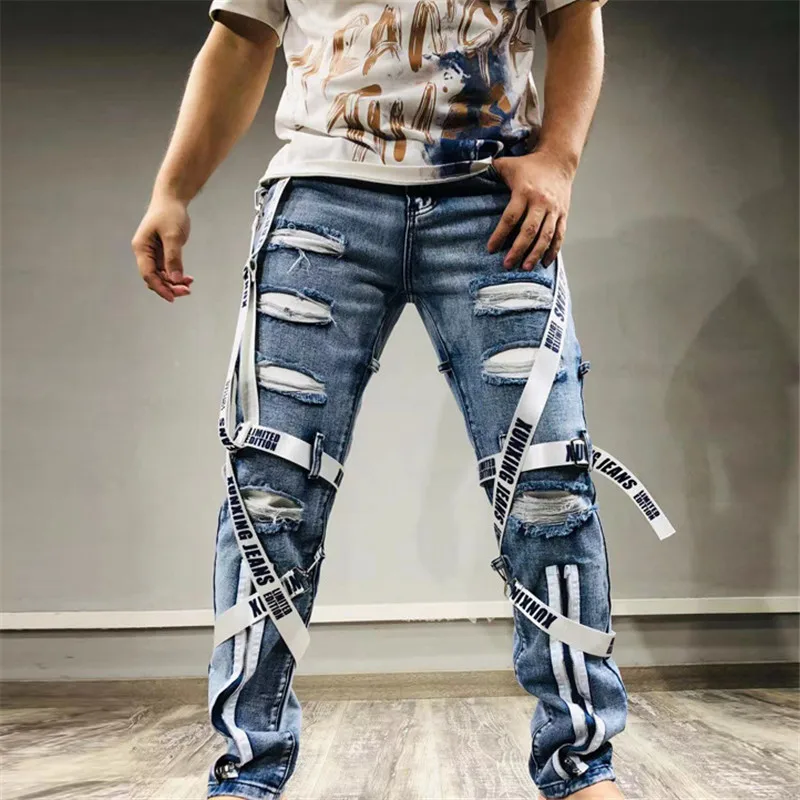 

Techwear 2023 Spring New Mens Patch Webbing Denim Trousers Foot Zipper Ripped Jeans Hip Hop Vintage Skinny Jeans Man Cargo Pants