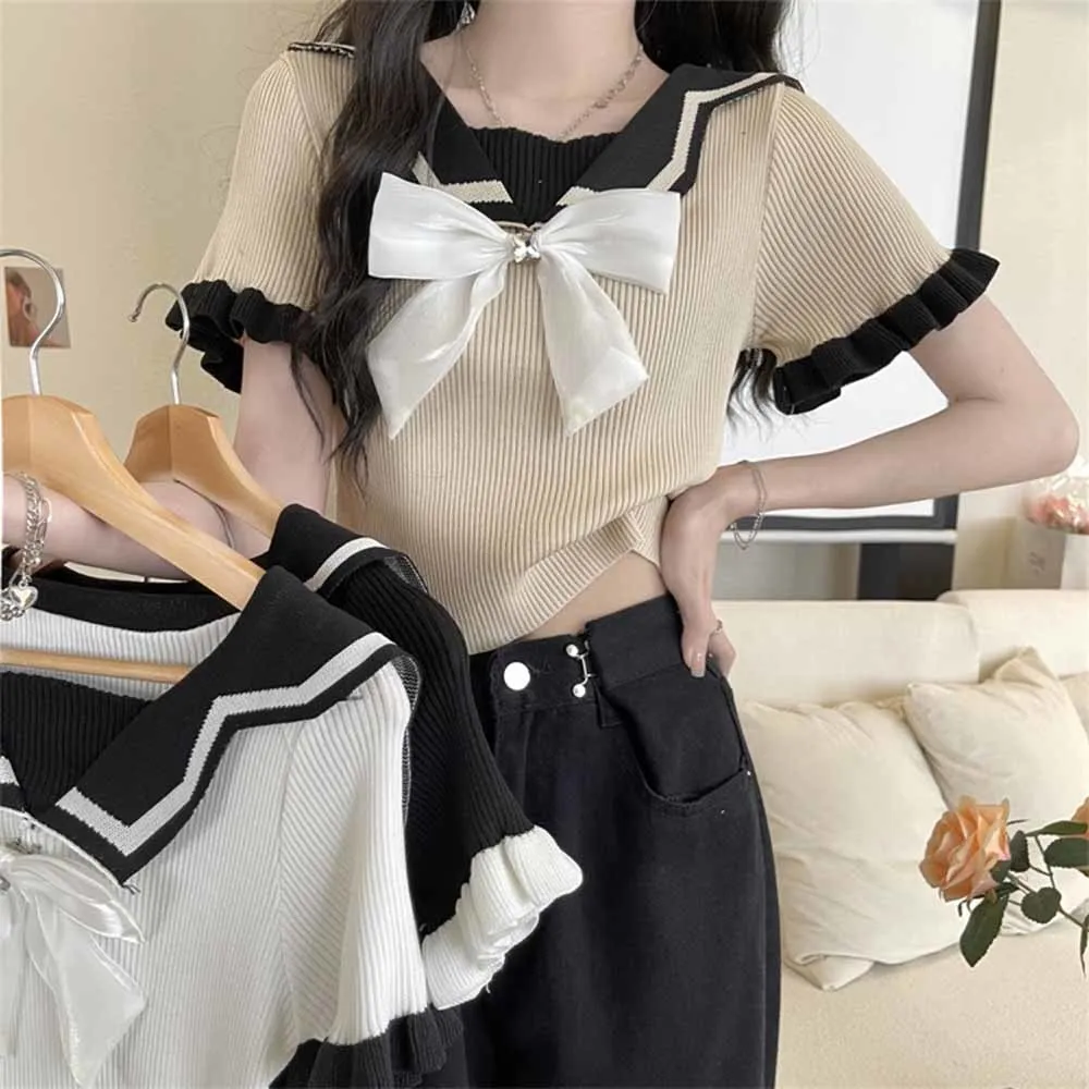 Woman TShirts 2022 Summer Bow White Short Knitted Short-Sleeved Top Clothes for Women Crop Top Mujer Camisetas
Woman TShirts 2022 Summer Bow White Short Knitted Short-Sleeved Top Clothes for Women Crop Top Mujer Camisetas
