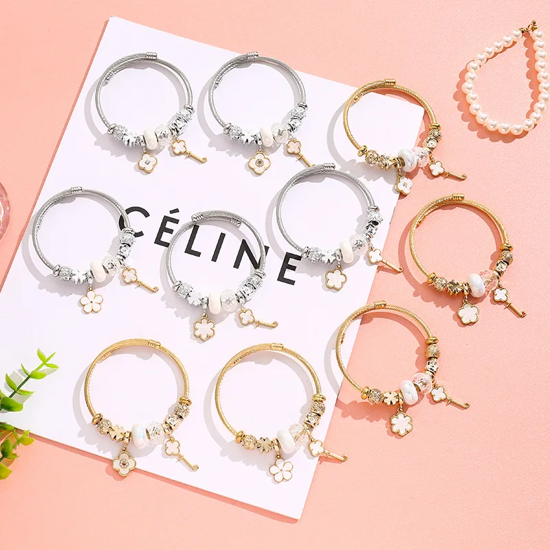 XiaoboACC Fashion Gold Bracelet for Women DIY Stainless Steel Crafted Diamond Clover Key Pendant Opening Beaded Wristbands
XiaoboACC Fashion Gold Bracelet for Women DIY Stainless Steel Crafted Diamond Clover Key Pendant Opening Beaded Wristbands