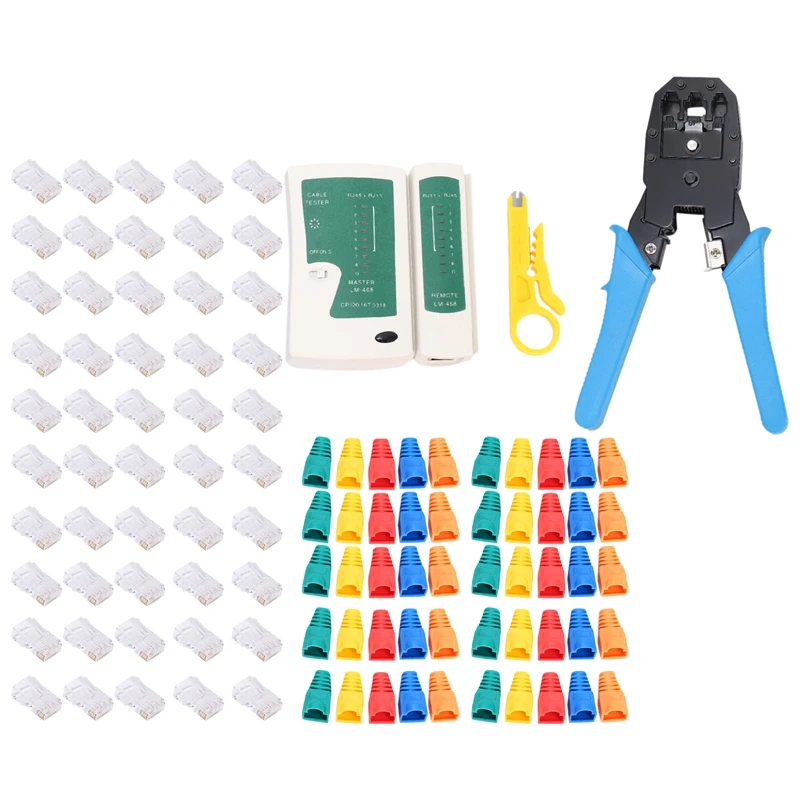 RJ45 Crimp Tool Kit, Cat5 Cat5e Crimp Tool Set, Crimp Tool With Cat5 Cat6 RJ45 Connectors, Mixed Strain Relief Boots
RJ45 Crimp Tool Kit, Cat5 Cat5e Crimp Tool Set, Crimp Tool With Cat5 Cat6 RJ45 Connectors, Mixed Strain Relief Boots