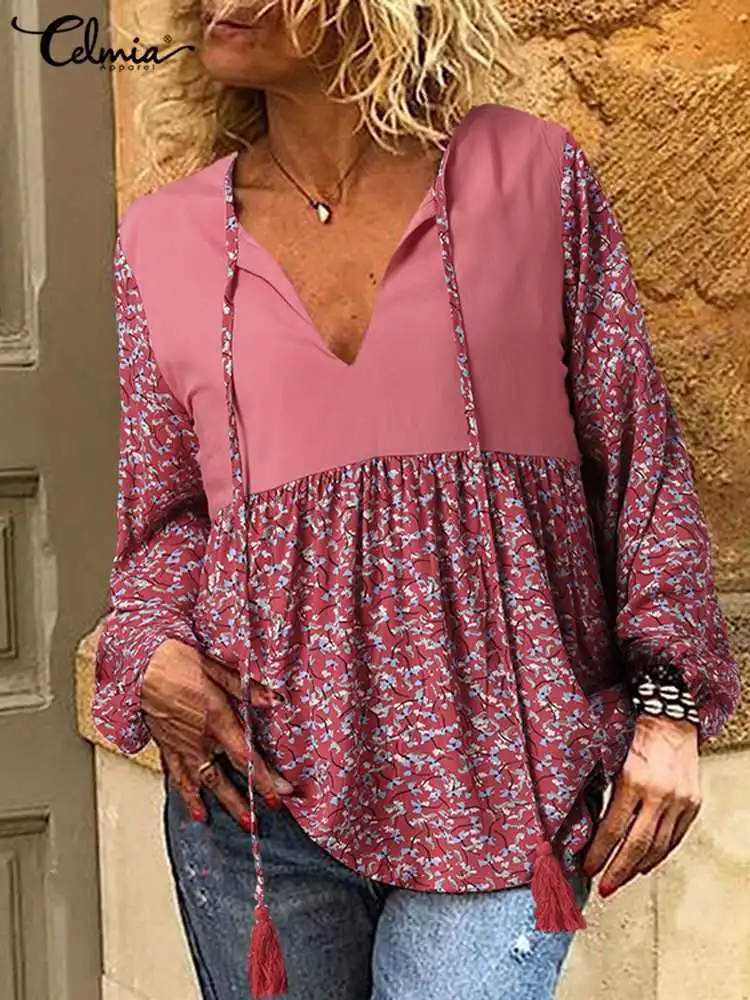 Блузка женская с цветочным принтом, V-образным вырезом и длинным рукавом 
Блузка женская с цветочным принтом, V-образным вырезом и длинным рукавом