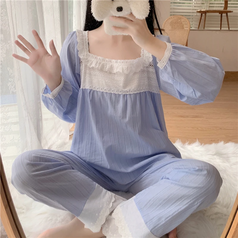 Cotton Square Collar Shirts + Trousers Suit Two Piece Home Suit Casual Pajamas Set Lace Patchwork Princess Korean Sleepwear
Cotton Square Collar Shirts + Trousers Suit Two Piece Home Suit Casual Pajamas Set Lace Patchwork Princess Korean Sleepwear