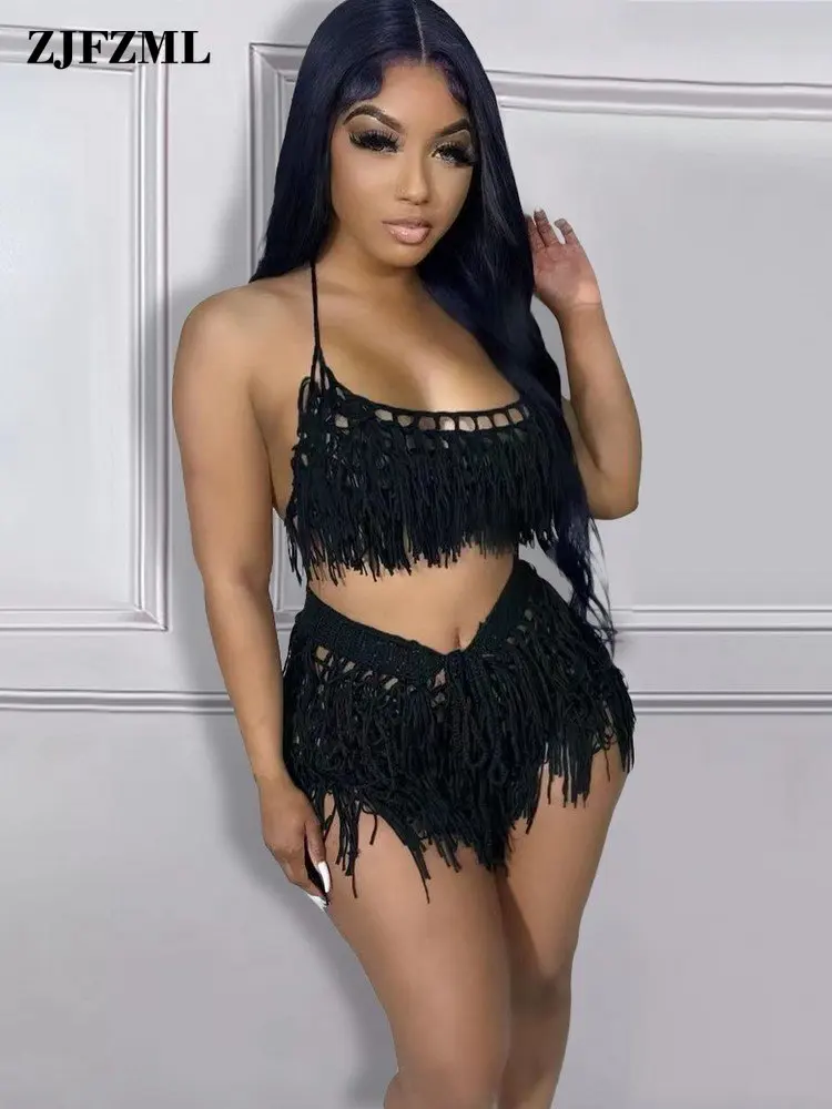 Summer Hand Crochet See Through Women's Beach Outfits Sexy Halter Backless Bra Tops and Tassel Spliced Shorts Holiday Tracksuits
Summer Hand Crochet See Through Women's Beach Outfits Sexy Halter Backless Bra Tops and Tassel Spliced Shorts Holiday Tracksuits