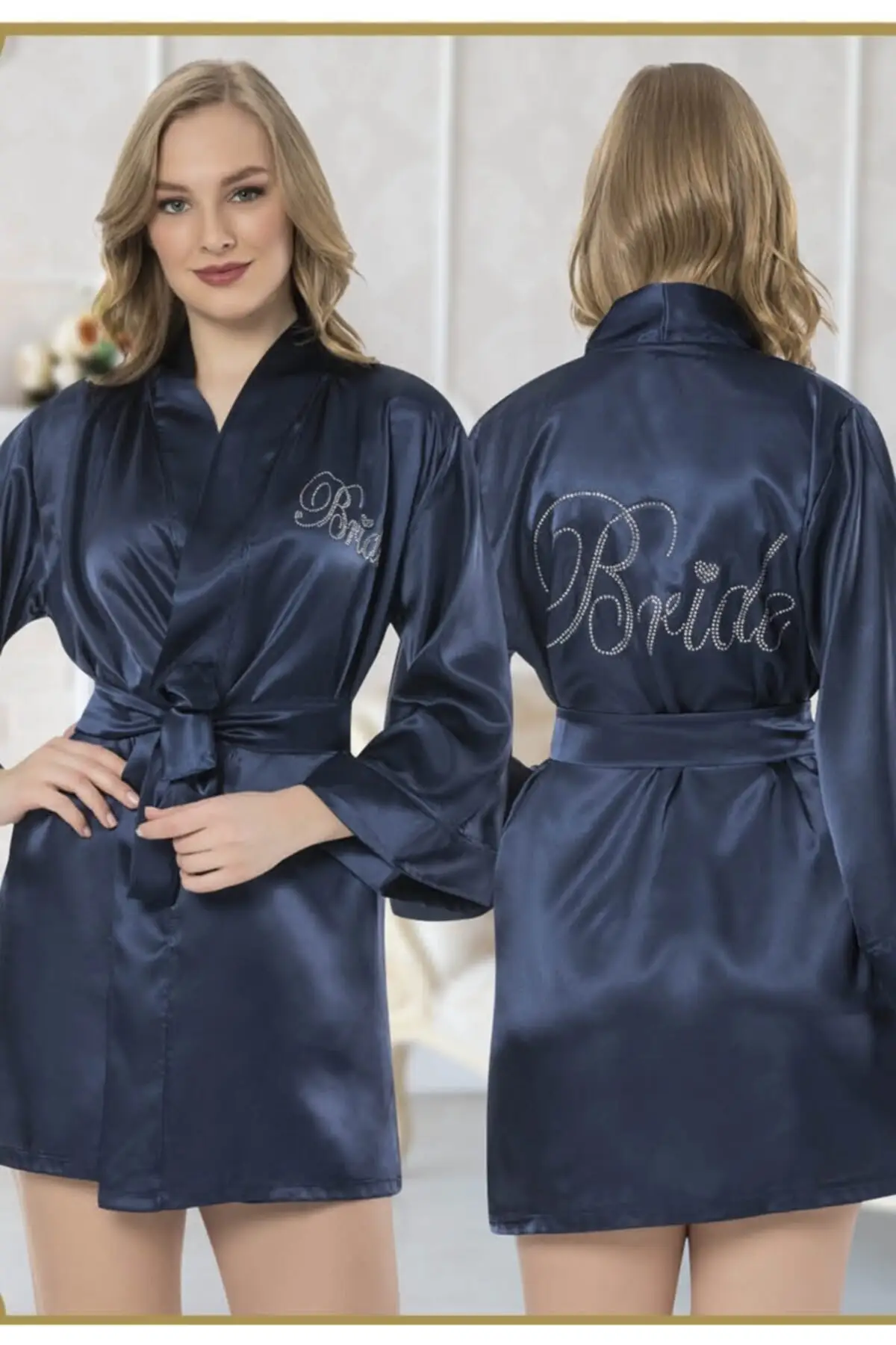 Dressing Gown Navy Blue Bride Satin Stone Print Detailed Bathrobe Peignoir Kimono Bride Sleepwear Night Gown
Dressing Gown Navy Blue Bride Satin Stone Print Detailed Bathrobe Peignoir Kimono Bride Sleepwear Night Gown