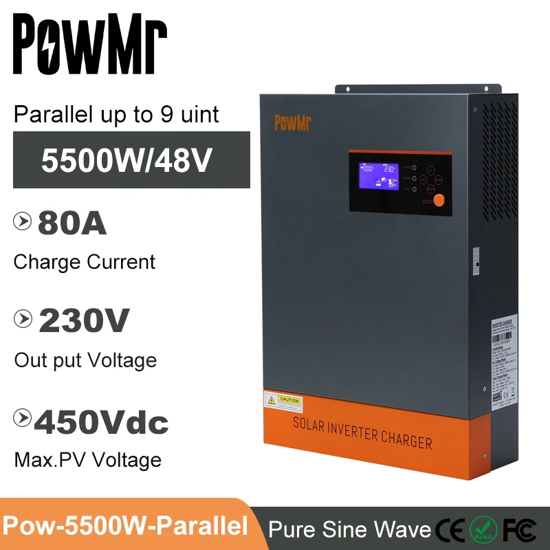 PowMr MPPT 80A 48V Solar Charger 5500W Hybrid Inverter 230VAC Output Max PV 450VDC Support WIFI Module and Parallel Solar System
PowMr MPPT 80A 48V Solar Charger 5500W Hybrid Inverter 230VAC Output Max PV 450VDC Support WIFI Module and Parallel Solar System