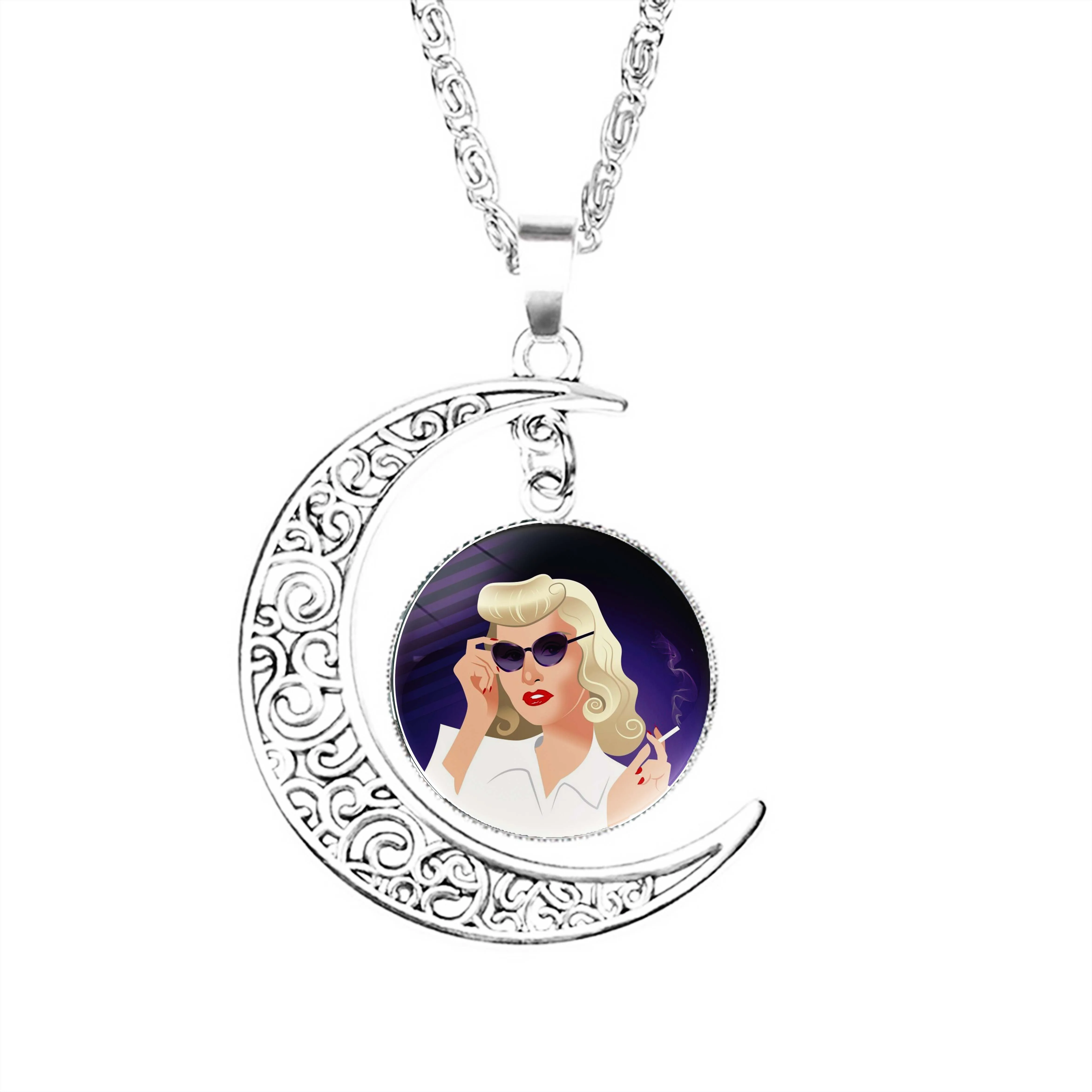 

Phyllis Dietrichson Moon Necklace Lady Chain Pendant Stainless Steel Charm Crescent Jewelry Men Boy Glass Girls Lovers Dome