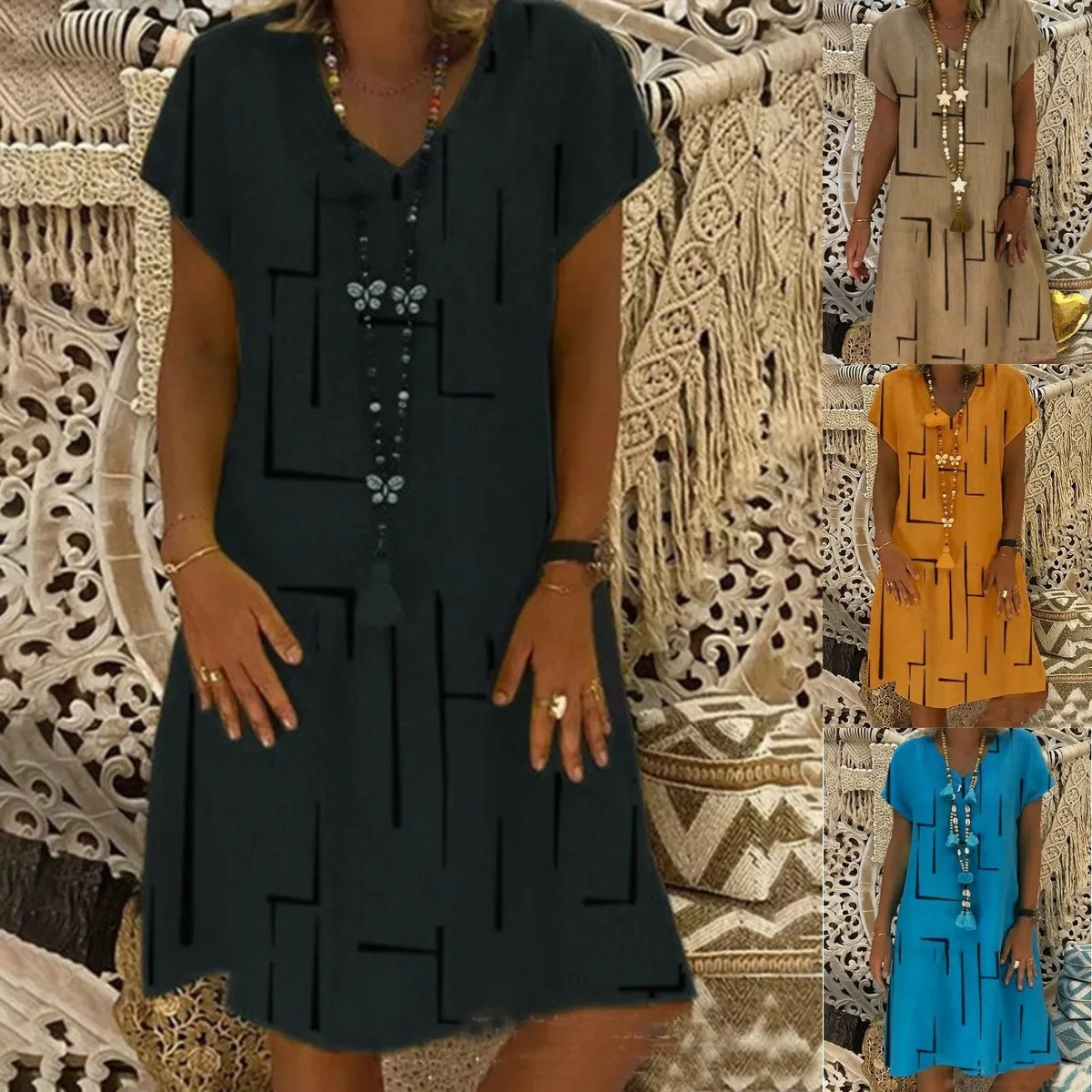 2022 New Women's Dress Summer Elegant Printed V Neck Loose Knee Length Dresses Female Vintage Casual Short Sleeve A-Line Dress
2022 New Women's Dress Summer Elegant Printed V Neck Loose Knee Length Dresses Female Vintage Casual Short Sleeve A-Line Dress