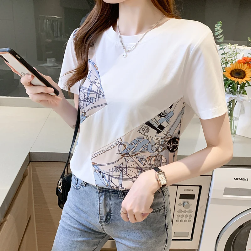 Silk Cotton Women's T-shirt Summer 2023 New Printed Loose Tee Short Sleeves Patchwork Ladies Top O-neck Clothing YCMYUNYAN
Silk Cotton Women's T-shirt Summer 2023 New Printed Loose Tee Short Sleeves Patchwork Ladies Top O-neck Clothing YCMYUNYAN