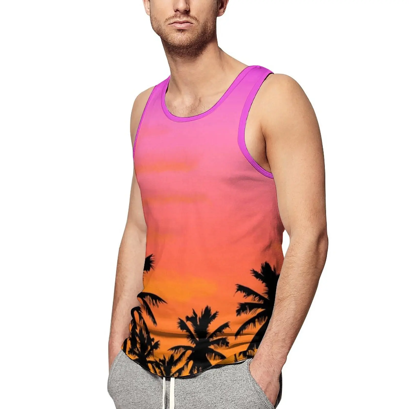 

Island Sunset Tank Top Palm Trees Print Streetwear Tops Summer Training Male Printed Sleeveless Vests Plus Size