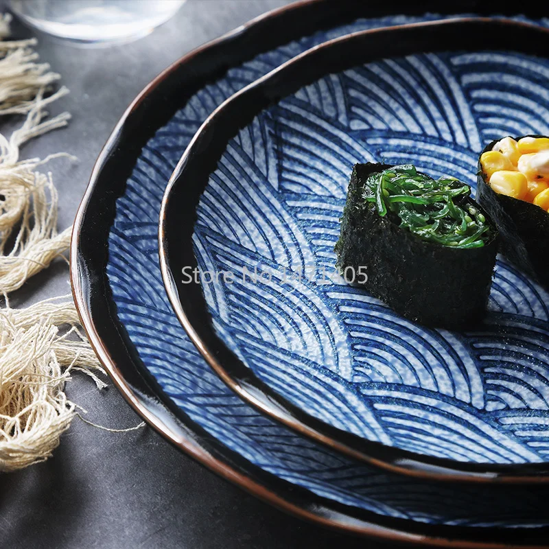 

Тарелка в японском стиле с морской волной, керамическая посуда, тарелка для завтрака, тарелка с ручной росписью, тарелка в западном стиле, креативное блюдо