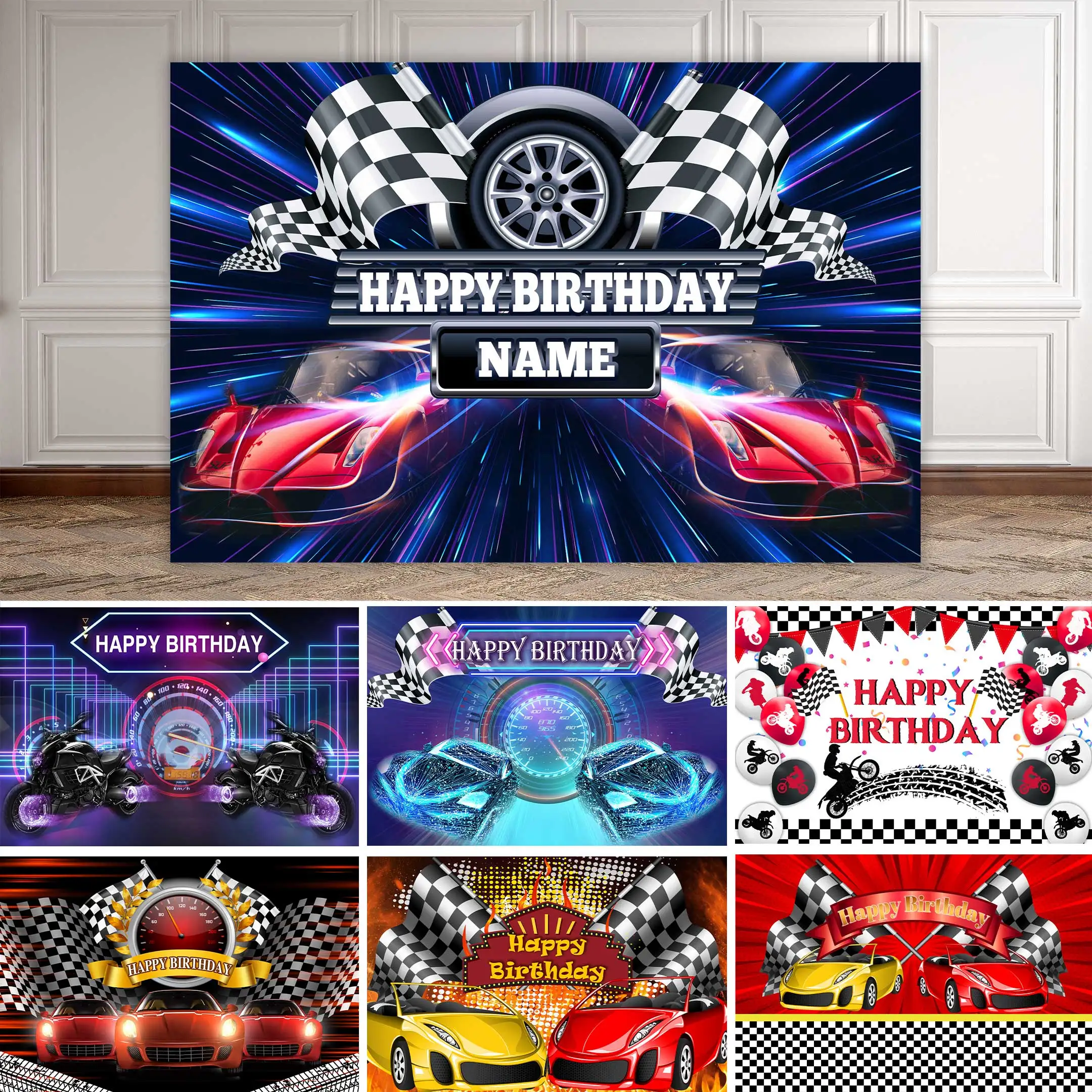 

NeoBack Customized Race Car Birthday Backdrop Boy Motorcycle Racing Two Fast Children Party Decorations Background Photocall