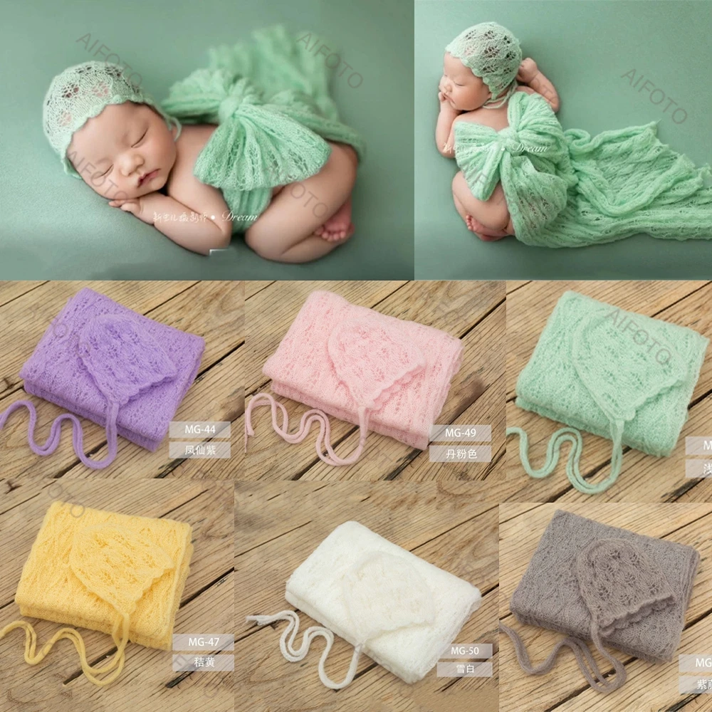 

Newborn Girl Hat Wrap Set Baby Photography Prop Blanket+Bonnet Mohair Knit Stretch Wool Swaddling Babies Photo Shoot Accessories