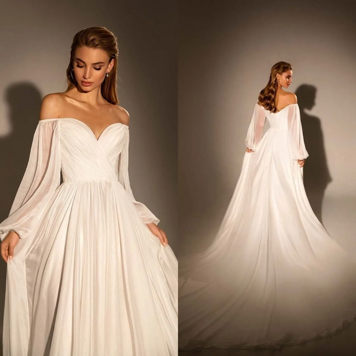 Off Shoulder Crisscross Ruched Chiffon Wedding Dress Simple Custom Made Beach Drop Ship Backless Long Puff Sleeves Bridal Gown
Off Shoulder Crisscross Ruched Chiffon Wedding Dress Simple Custom Made Beach Drop Ship Backless Long Puff Sleeves Bridal Gown