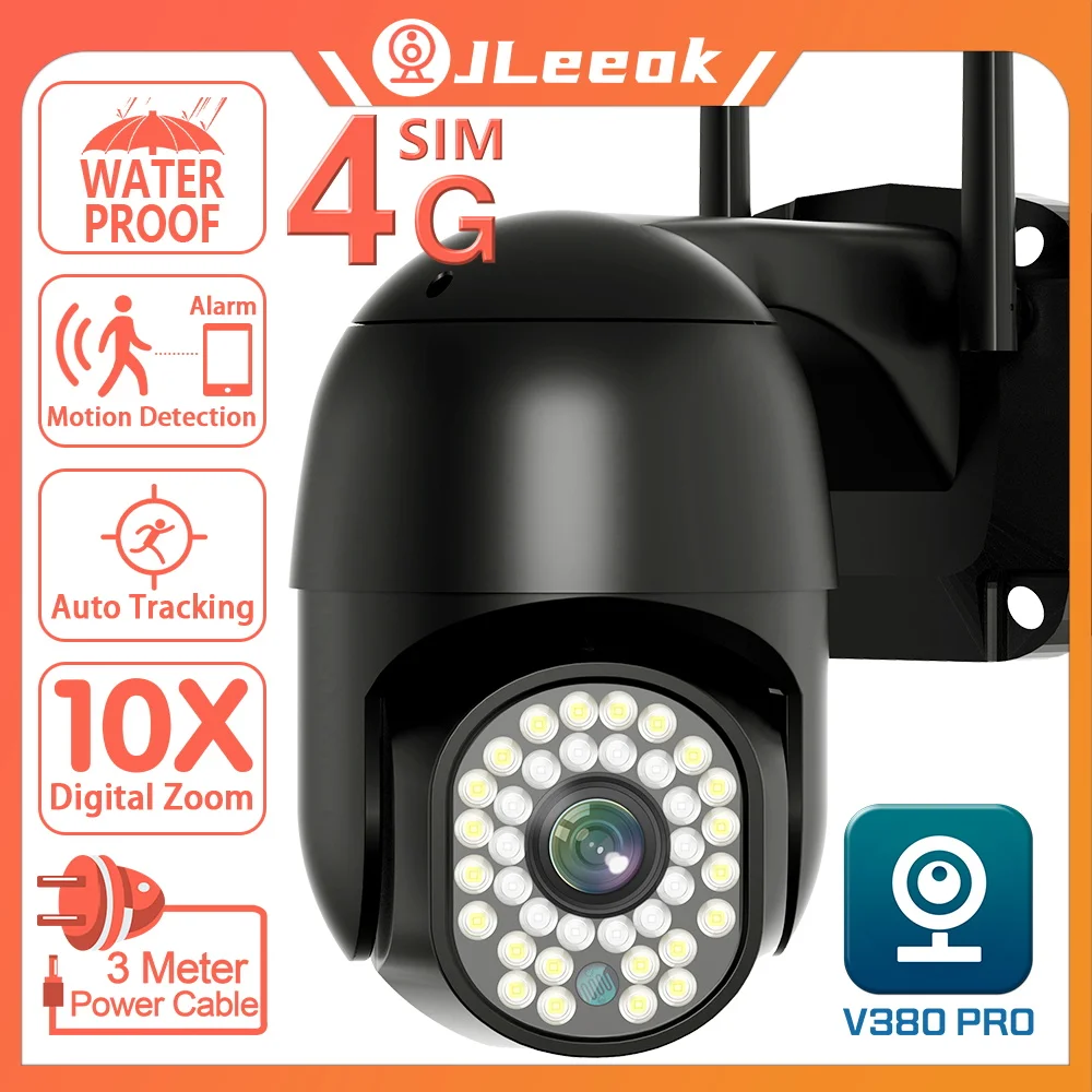 

JLeeok 4MP 4G SIM Card PTZ Camera AI Human Detection Tracking 10X Zoom Outdoor 2MP Security CCTV Surveillance IP Camera V380 PRO