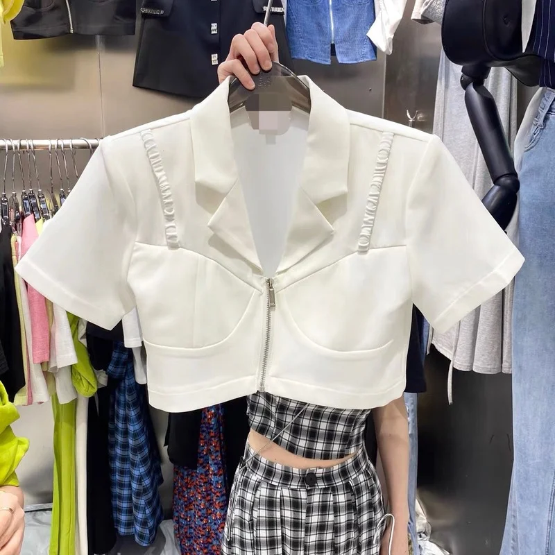 Женский офисный тонкий пиджак, белый пиджак с отложным воротником, рубашка на молнии с коротким рукавом, укороченный топ, черные блейзеры в ... 
Женский офисный тонкий пиджак, белый пиджак с отложным воротником, рубашка на молнии с коротким рукавом, укороченный топ, черные блейзеры в ...