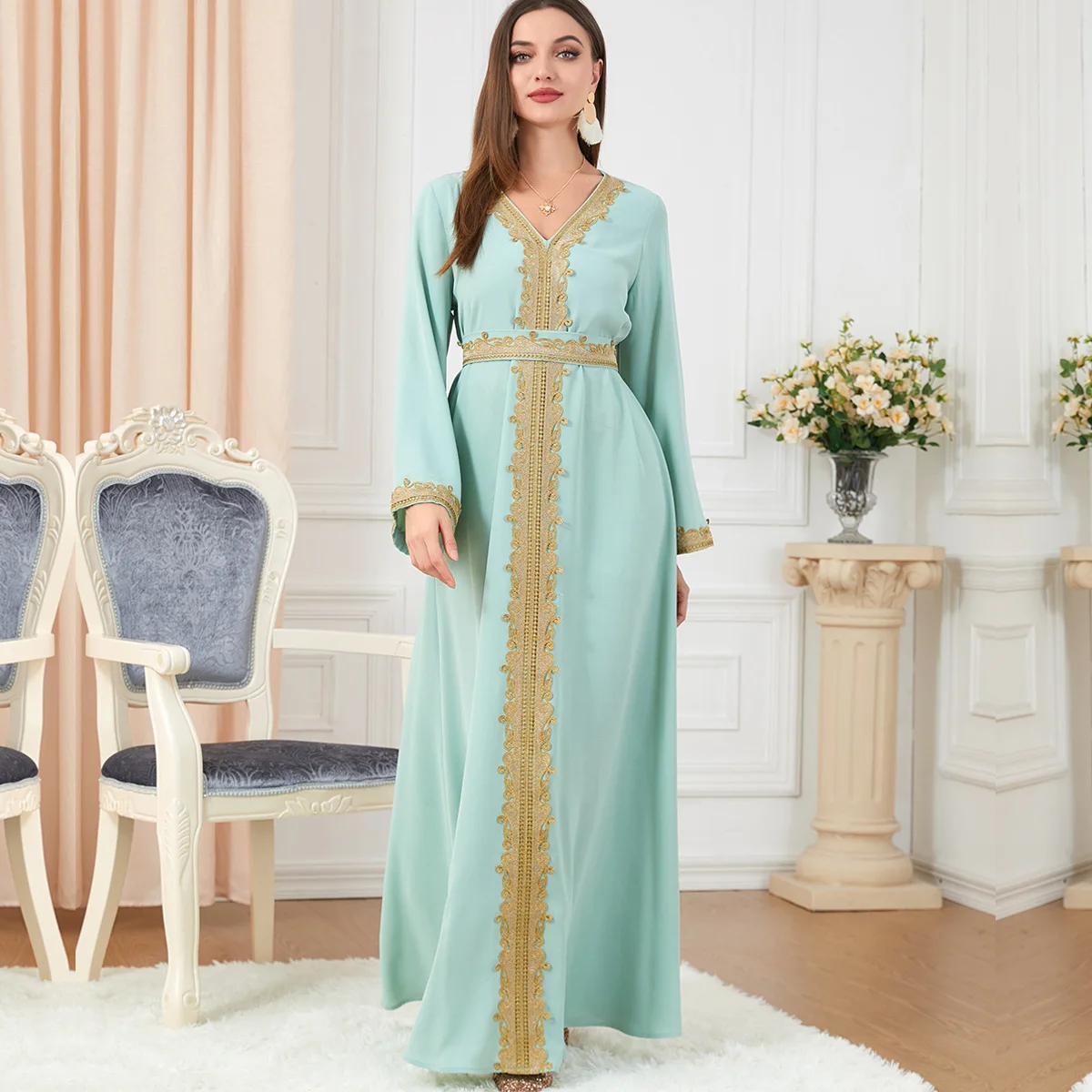 

Wepbel Long Sleeve Muslim Dress Abaya Ramadan Eid Islamic Clothing Caftan Robe High End Robe Caftan Long Sleeve Party Maxi Dress